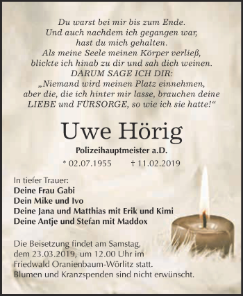Traueranzeige von Uwe Hörig von Super Sonntag Wittenberg