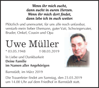 Traueranzeige von Uwe Müller von WVG - Wochenspiegel Merseburg