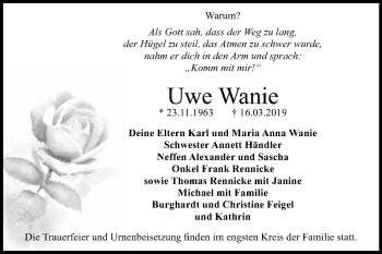 Traueranzeige von Uwe Wanie von WVG - Wochenspiegel Dessau / Köthen