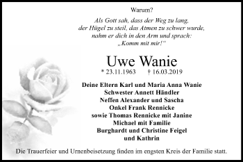 Traueranzeige von Uwe Wanie von Mitteldeutsche Zeitung Dessau-Roßlau