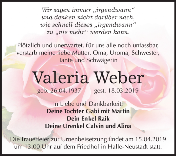 Traueranzeige von Valeria Weber von Mitteldeutsche Zeitung