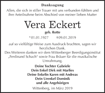 Traueranzeige von Vera Eckert von WVG - Wochenspiegel Wittenberg