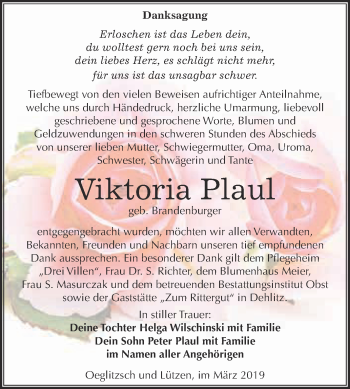 Traueranzeige von Viktoria Plaul von Super Sonntag Merseburg