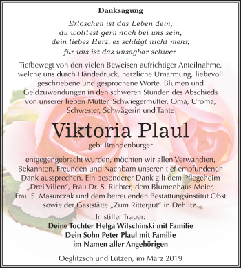 Traueranzeige von Viktoria Plaul von Mitteldeutsche Zeitung Weißenfels