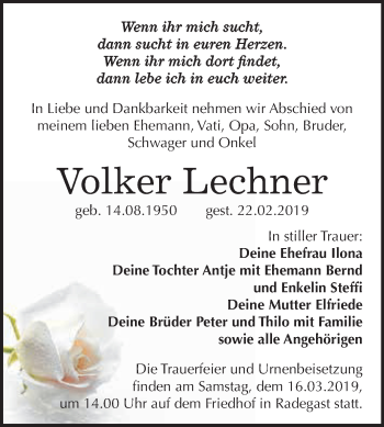 Traueranzeige von Volker Lechner von WVG - Wochenspiegel Dessau / Köthen