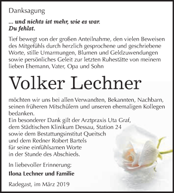 Traueranzeige von Volker Lechner von WVG - Wochenspiegel Dessau / Köthen
