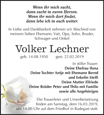 Traueranzeige von Volker Lechner von Mitteldeutsche Zeitung