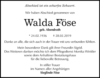 Traueranzeige von Walda Föse von Mitteldeutsche Zeitung Dessau-Roßlau