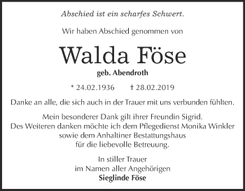 Traueranzeige von Walda Föse von WVG - Wochenspiegel Dessau / Köthen