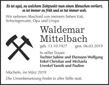 Traueranzeige von Waldemar Mittelbach von WVG - Wochenspiegel Merseburg