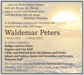 Traueranzeige von Waldemar Peters von Mitteldeutsche Zeitung Merseburg/Querfurt