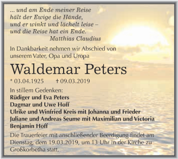 Traueranzeige von Waldemar Peters von Super Sonntag Merseburg