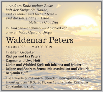 Traueranzeige von Waldemar Peters von Mitteldeutsche Zeitung Weißenfels