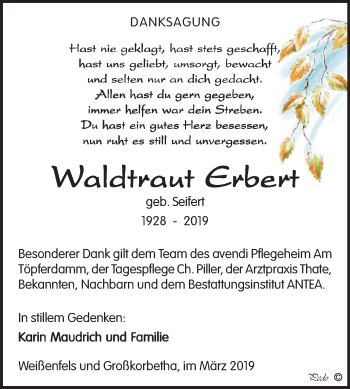 Traueranzeige von Waldtraut Erbert von Mitteldeutsche Zeitung Weißenfels