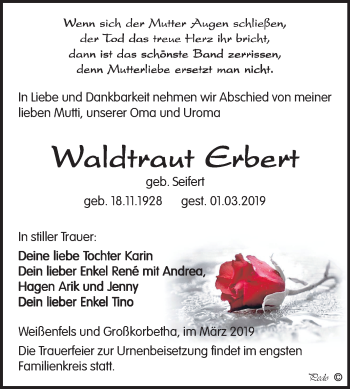 Traueranzeige von Waldtraut Erbert von Mitteldeutsche Zeitung Weißenfels