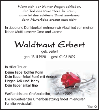 Traueranzeige von Waldtraut Erbert von WVG - Wochenspiegel NMB / WSF / ZTZ
