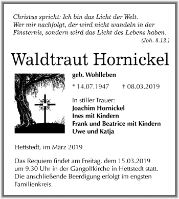Traueranzeige von Waldtraut Hornickel von Mitteldeutsche Zeitung