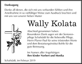 Traueranzeige von Wally Kolata von WVG - Wochenspiegel Merseburg