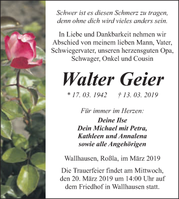 Traueranzeige von Walter Geier von Super Sonntag SGH Mansf. Land