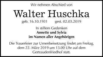 Traueranzeige von Walter Huschka von Mitteldeutsche Zeitung Halle/Saalkreis