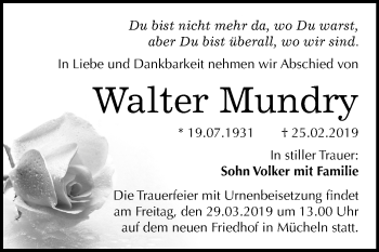 Traueranzeige von Walter Mundry von Mitteldeutsche Zeitung Merseburg/Querfurt
