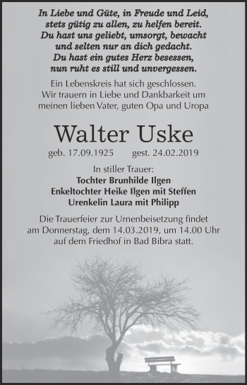 Traueranzeige von Walter Uske von WVG - Wochenspiegel NMB / WSF / ZTZ