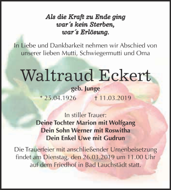 Traueranzeige von Waltraud Eckert von WVG - Wochenspiegel Merseburg