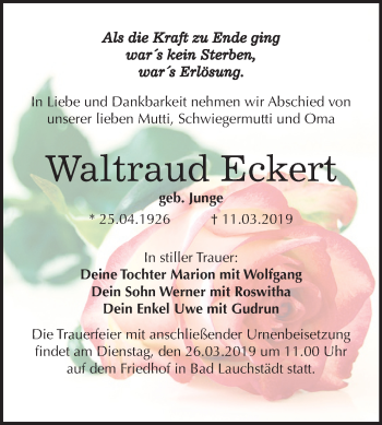 Traueranzeige von Waltraud Eckert von Mitteldeutsche Zeitung Merseburg/Querfurt