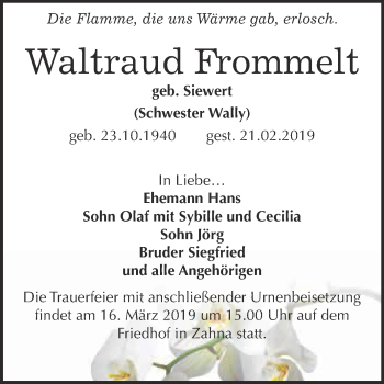 Traueranzeige von Waltraud Frommelt von Super Sonntag Wittenberg