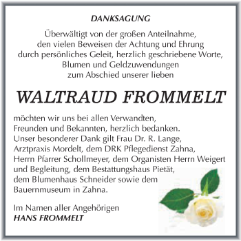 Traueranzeige von Waltraud Frommelt von WVG - Wochenspiegel Wittenberg