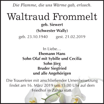 Traueranzeige von Waltraud Frommelt von Mitteldeutsche Zeitung