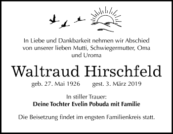 Traueranzeige von Waltraud Hirschfeld von Mitteldeutsche Zeitung Halle/Saalkreis