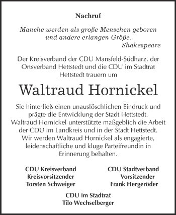 Traueranzeige von Waltraud Hornickel von Super Sonntag SGH Mansf. Land
