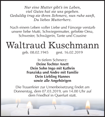 Traueranzeige von Waltraud Kuschmann von Mitteldeutsche Zeitung Merseburg/Querfurt