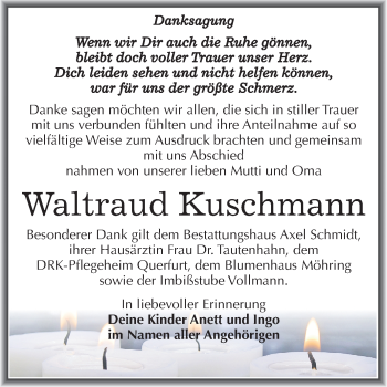 Traueranzeige von Waltraud Kuschmann von Mitteldeutsche Zeitung Merseburg/Querfurt