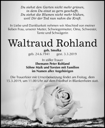 Traueranzeige von Waltraud Rohland von Mitteldeutsche Zeitung Sangerhausen