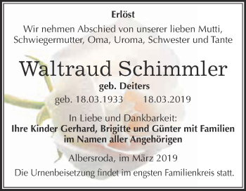 Traueranzeige von Waltraud Schimmler von WVG - Wochenspiegel Merseburg
