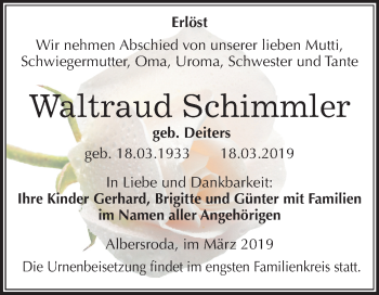 Traueranzeige von Waltraud Schimmler von Mitteldeutsche Zeitung Merseburg/Querfurt