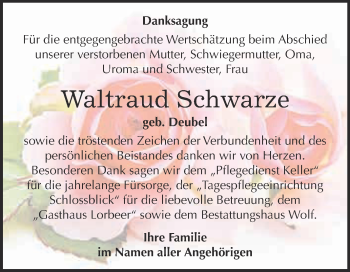 Traueranzeige von Waltraud Schwarze von WVG - Wochenspiegel NMB / WSF / ZTZ