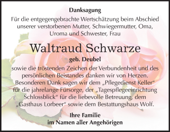 Traueranzeige von Waltraud Schwarze von Mitteldeutsche Zeitung Weißenfels