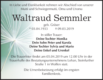 Traueranzeige von Waltraud Semmler von Mitteldeutsche Zeitung Bitterfeld