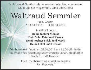 Traueranzeige von Waltraud Semmler von WVG - Wochenspiegel Bitterfeld
