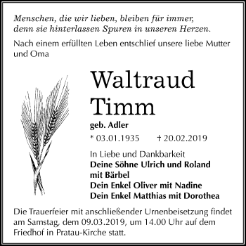 Traueranzeige von Waltraud Timm von Mitteldeutsche Zeitung