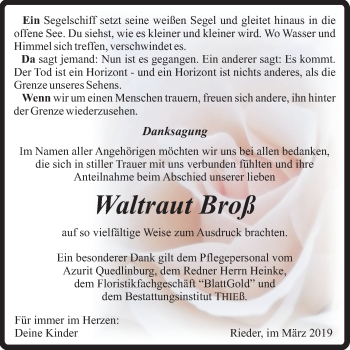 Traueranzeige von Waltraut Broß von Mitteldeutsche Zeitung Quedlinburg