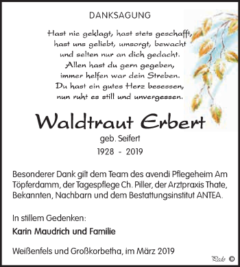 Traueranzeige von Waltraut Erbert von WVG - Wochenspiegel NMB / WSF / ZTZ