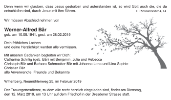 Traueranzeige von Werner-Alfred Bär von Super Sonntag Wittenberg
