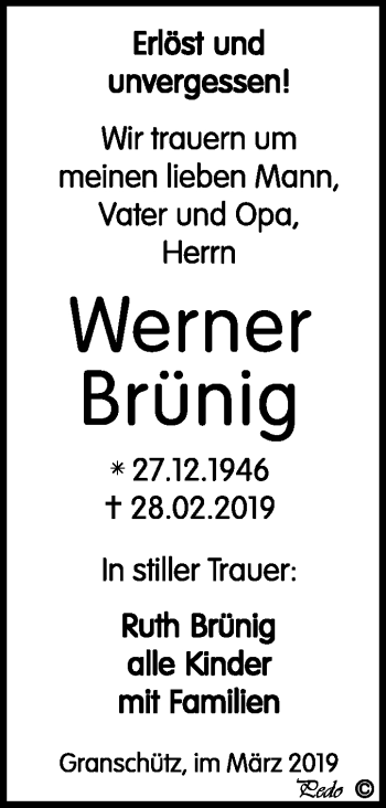 Traueranzeige von Werner Brüning von Mitteldeutsche Zeitung Weißenfels