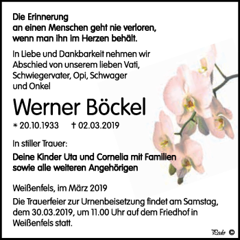 Traueranzeige von Werner Böckel von WVG - Wochenspiegel NMB / WSF / ZTZ