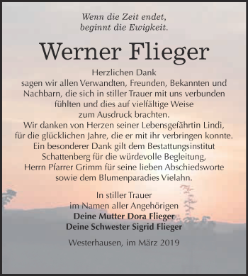 Traueranzeige von Werner Flieger von Super Sonntag Quedlinburg