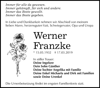 Traueranzeige von Werner Franzke von WVG - Wochenspiegel NMB / WSF / ZTZ